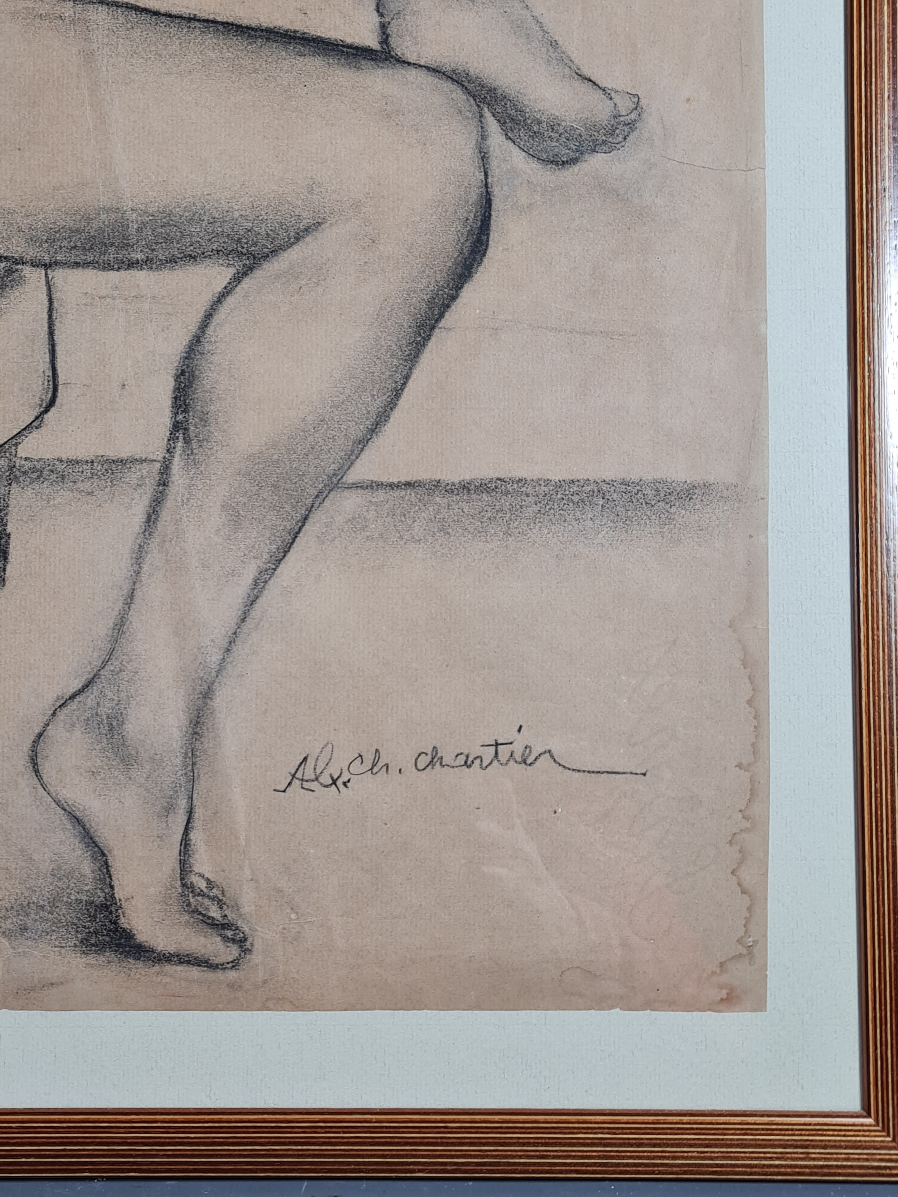 A-c. chartier (1874-1957) femme nue assise dessin fusain art déco 72x57 cm sb