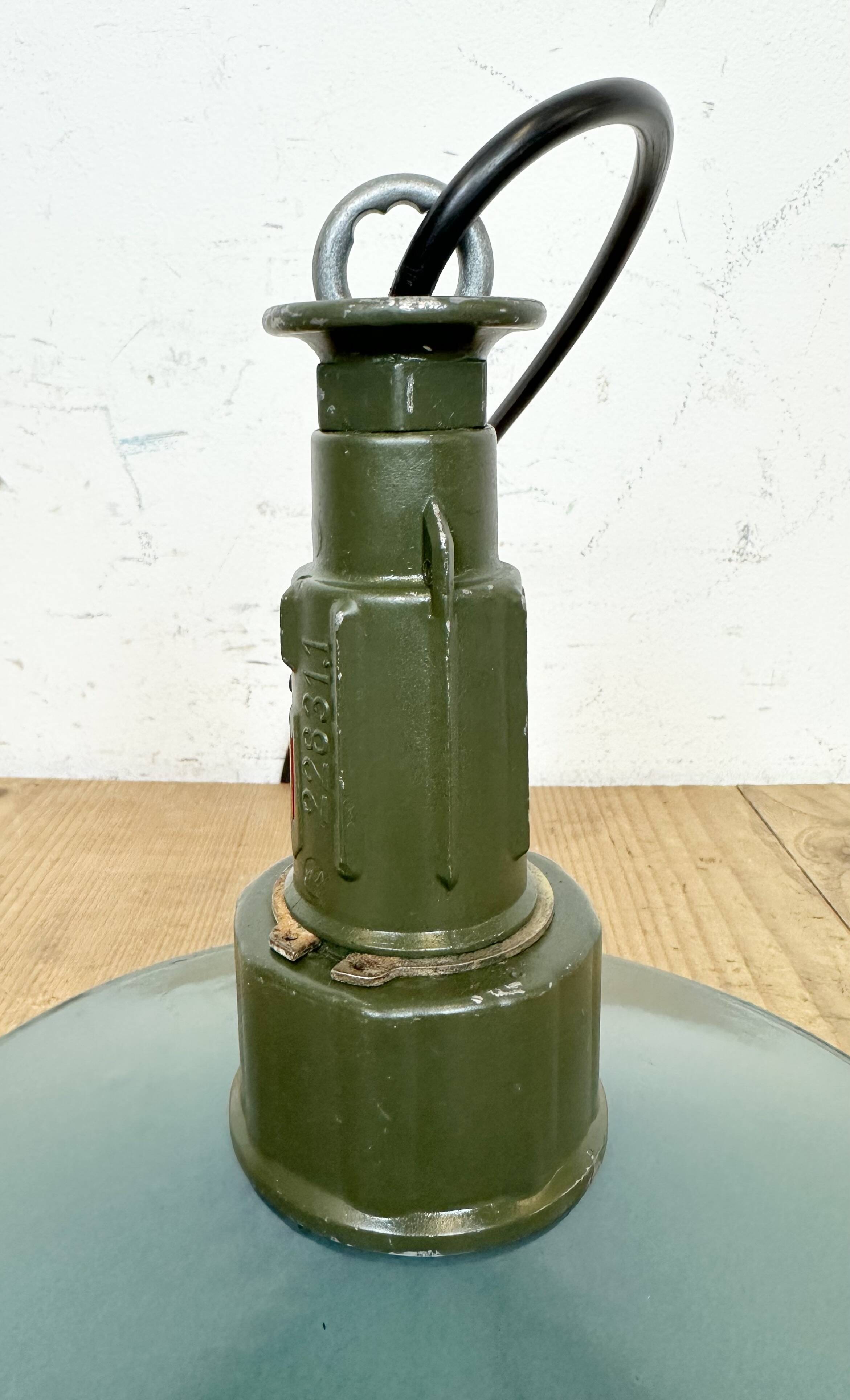 Industrial Petrol Enamel Military Pendant Lamp with Cast Aluminium Top, 1960s