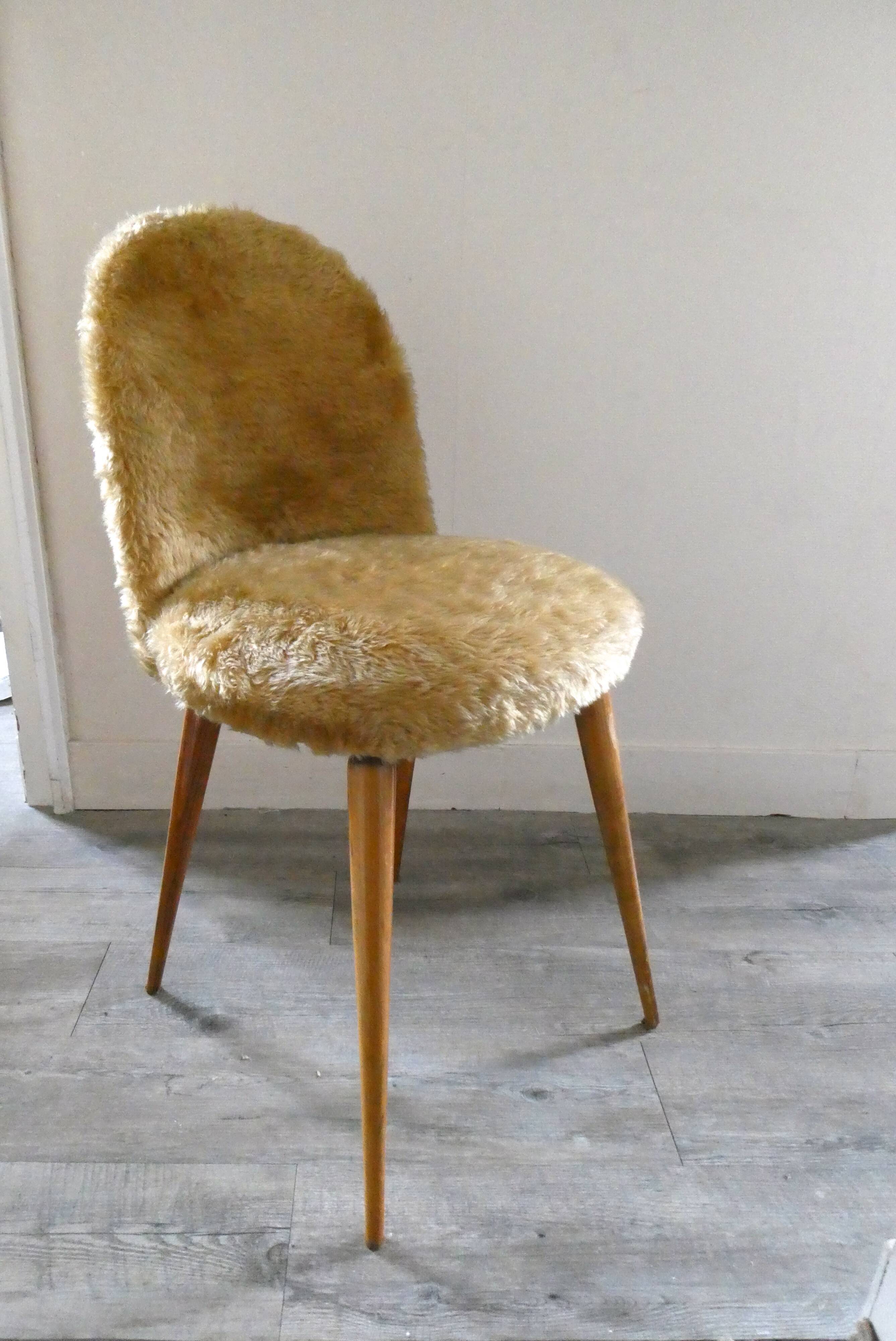 Golden moumoute chair, wooden compass feet, 60s