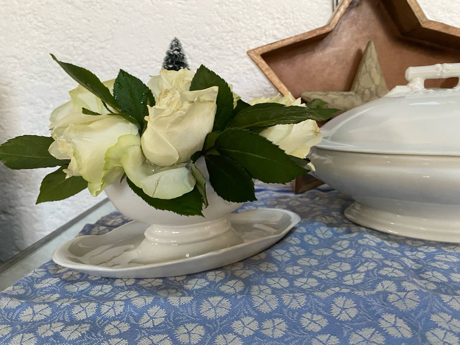 Antique porcelain gravy boat with bamboo motif
