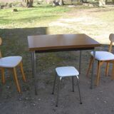 Formica table with 2 extension cords and 2 chairs, 1 stool