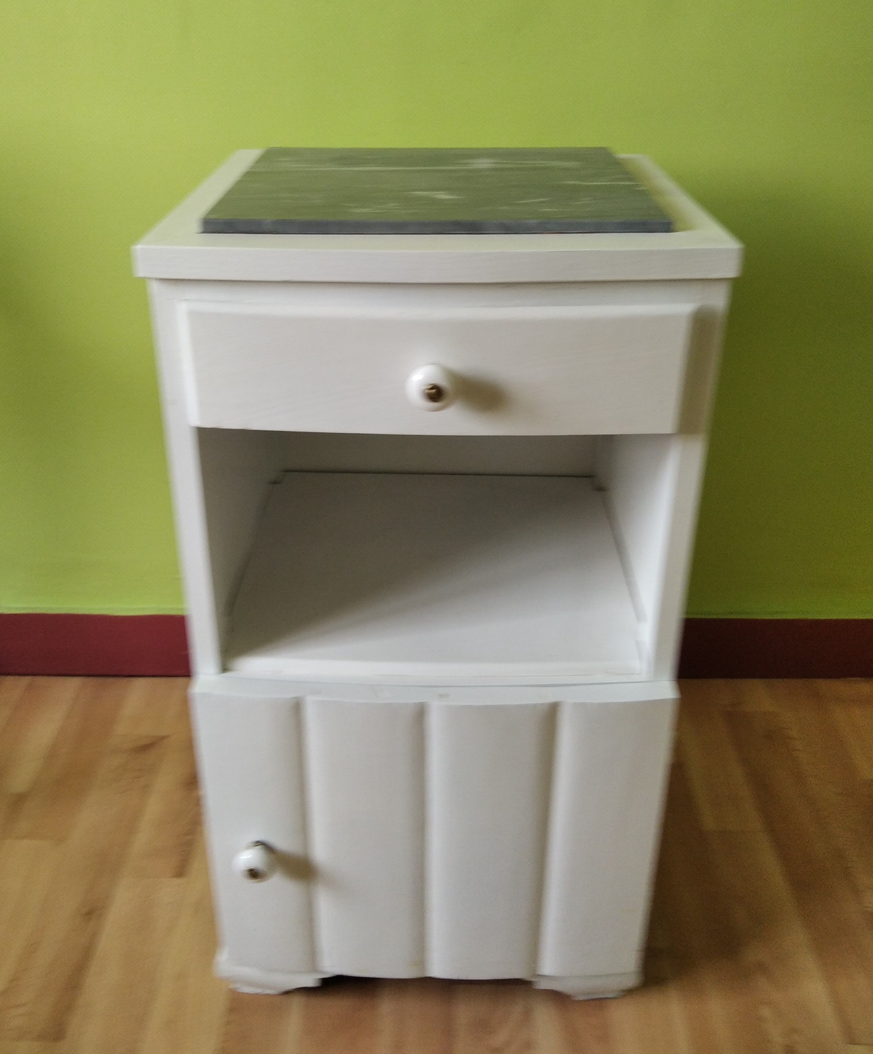 White night table with grey marble top