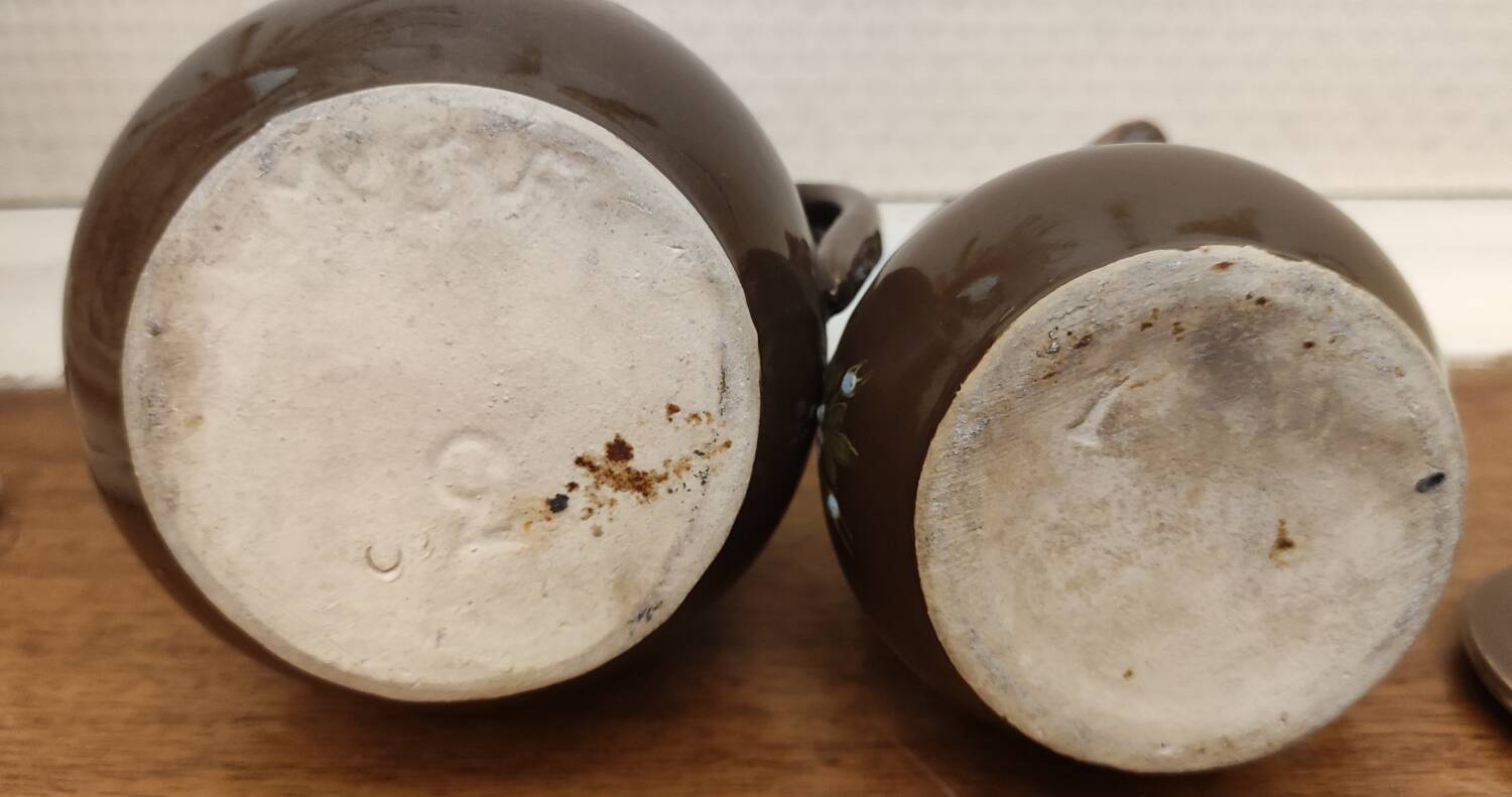 2 Old Small Glazed Ceramic Cream Pots/Enameled Decor