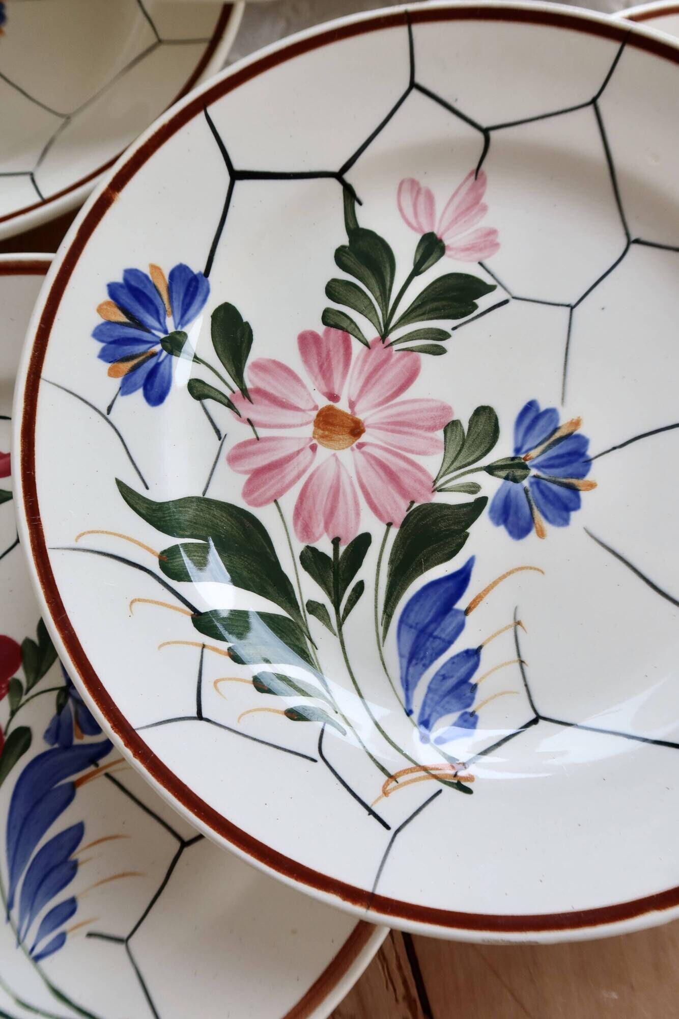 6 vintage flat plates faience Saint-Amand model Maurice – Flora decor