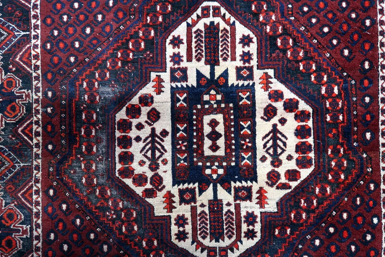 Vintage 1950s Persian Afshar rug, tribal double medallion, red field, 148cm x 211cm