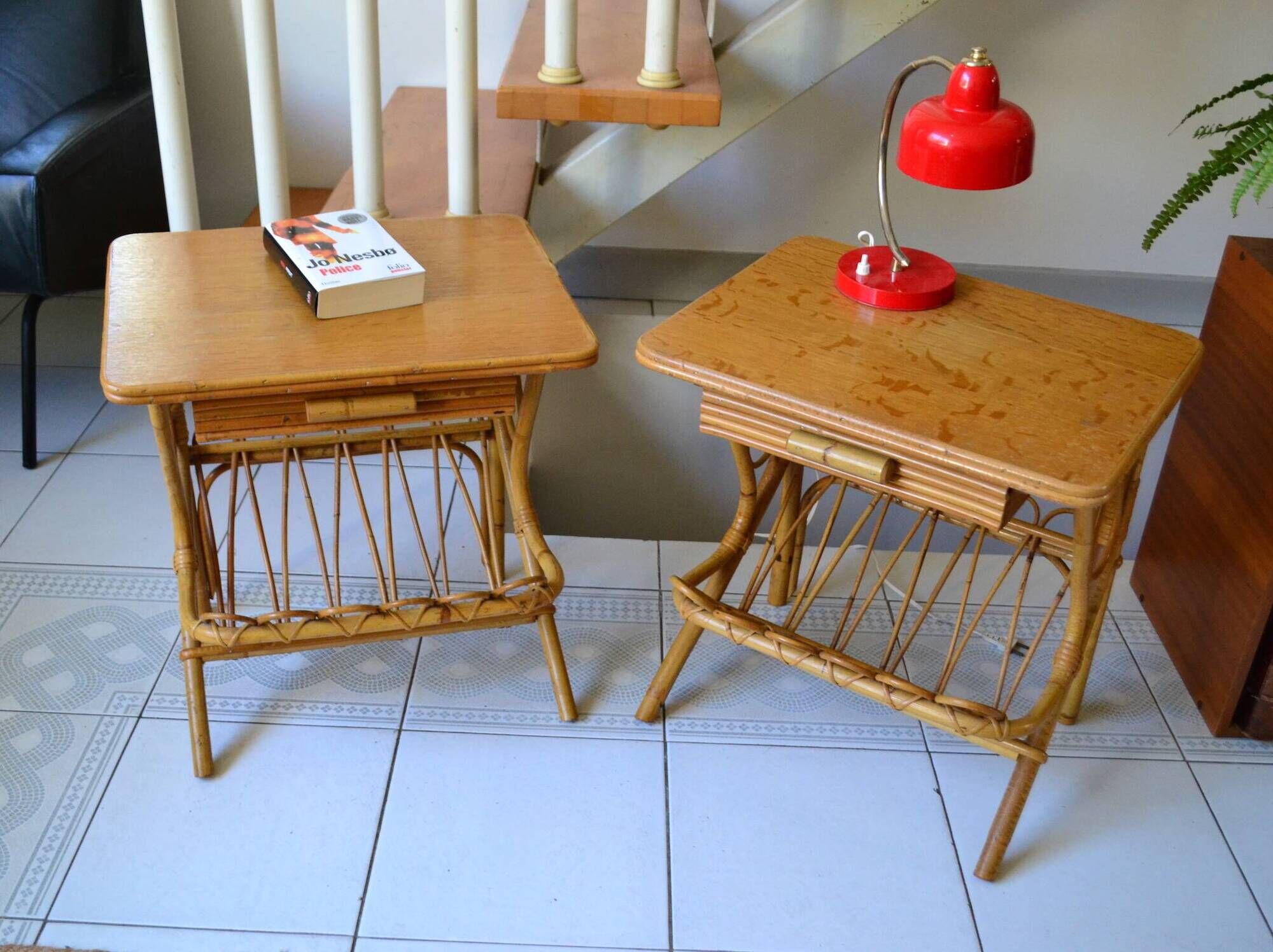 Pair of bamboo rattan bedside tables from the 70s.