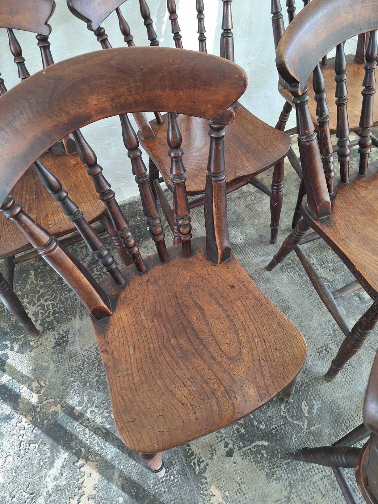Antique set of 6 farmhouse patinated oak dining chairs, 19th century