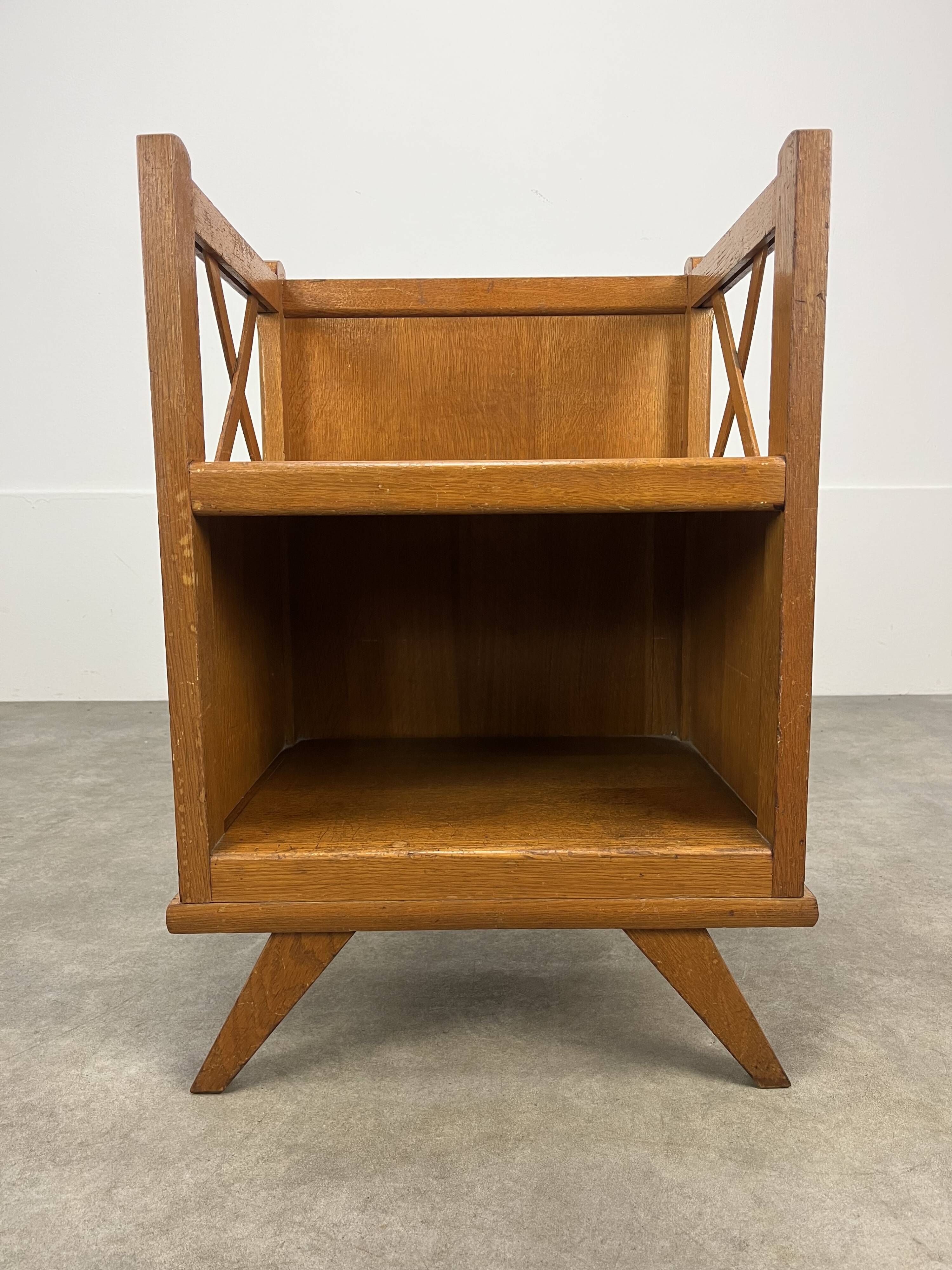 50s wooden cross-braced bedside table