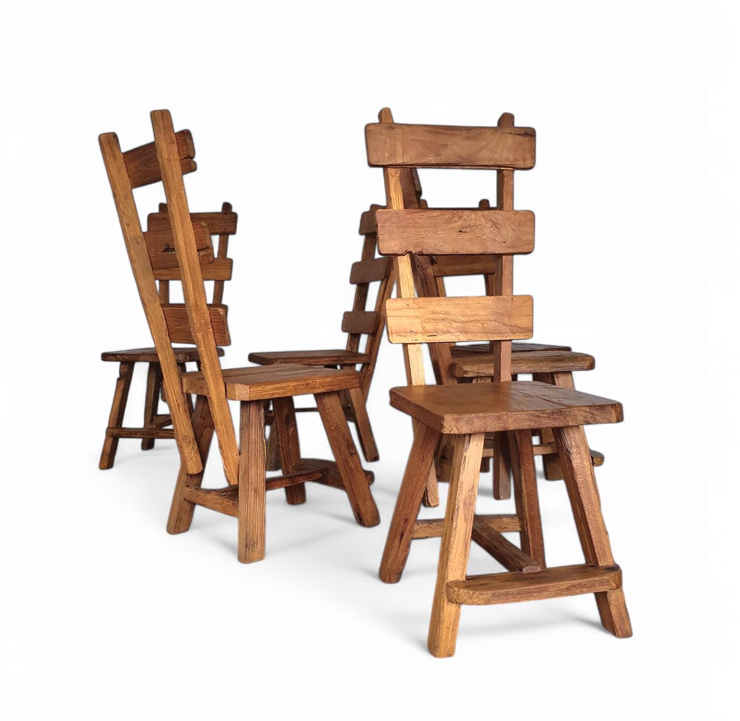 Elm wood brutalist wabi sabi dining set with 6 chairs & Table, 1960s