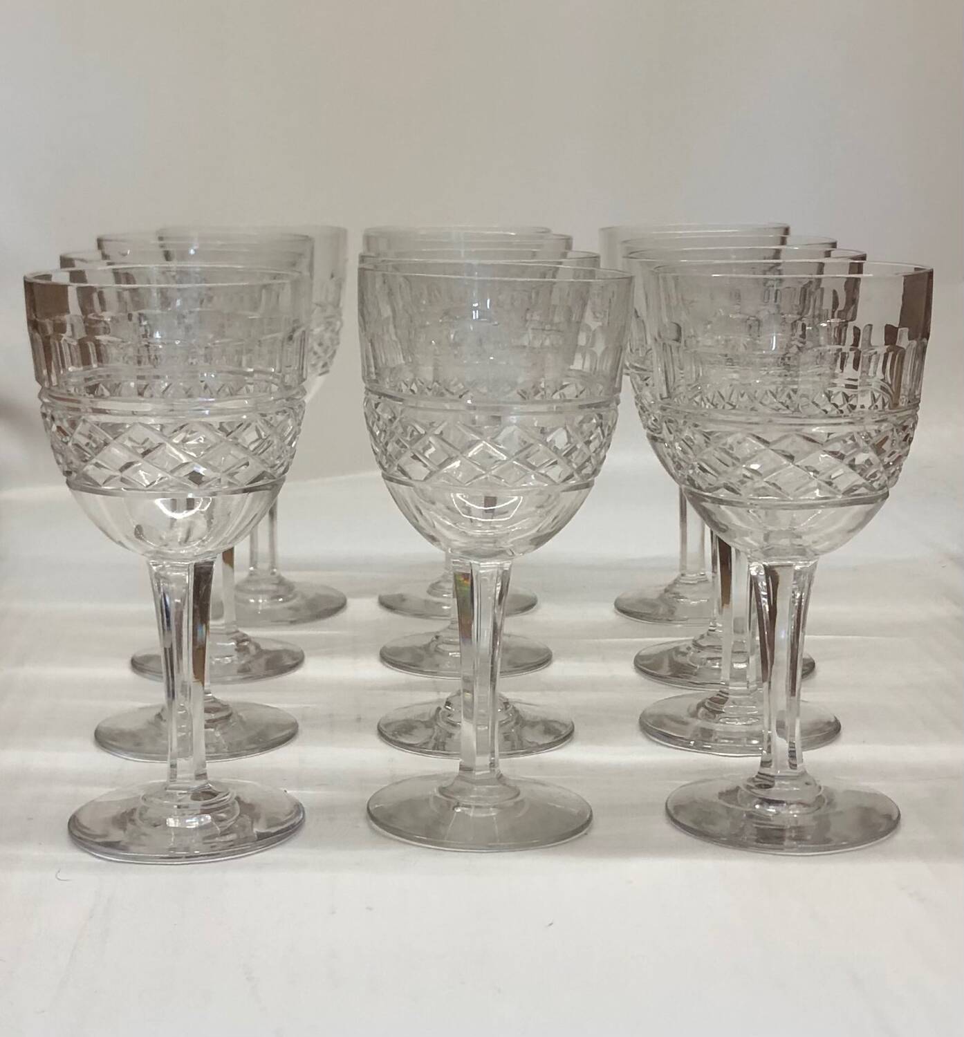 Set of 12 cut crystal stemmed glasses from the Nancy crystal factory, art deco