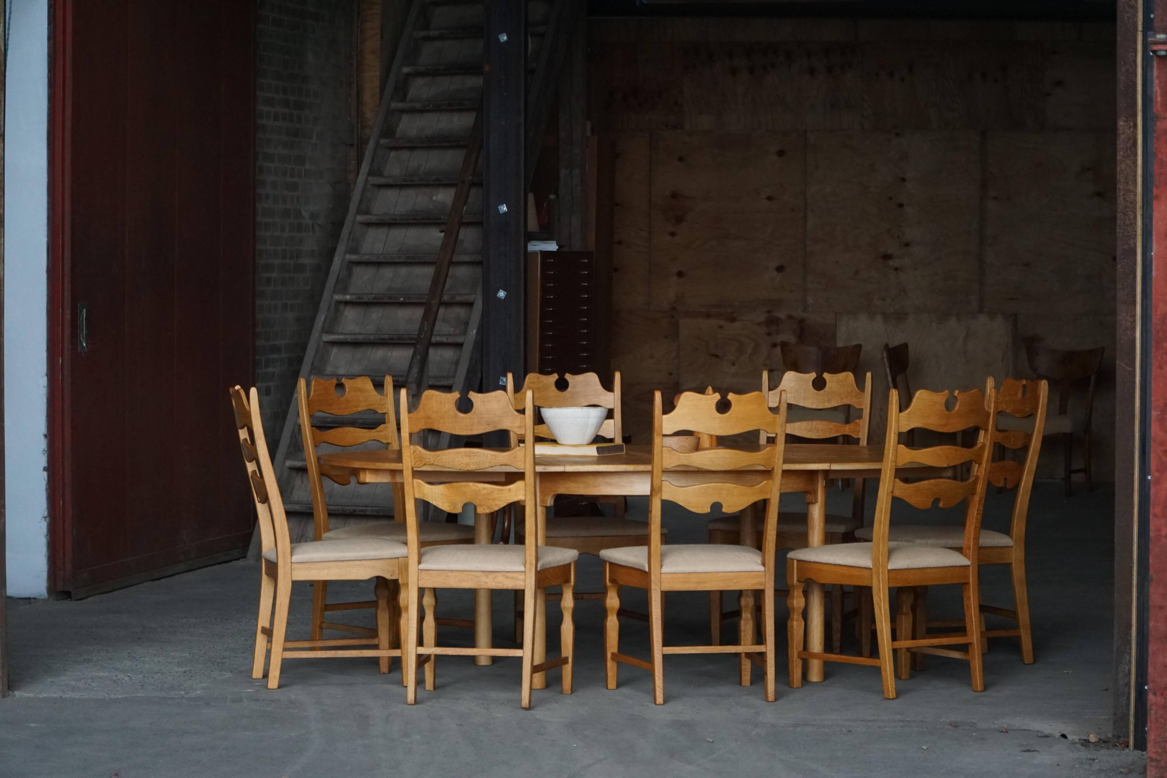 Set of 8 oak chairs with jute fabric, Henning Kjærnulf, mid-century Danish, 1960s.