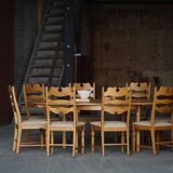 Set of 8 oak chairs with jute fabric, Henning Kjærnulf, mid-century Danish, 1960s.