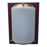 Four vintage gold wall lights with opaline globes on wooden support