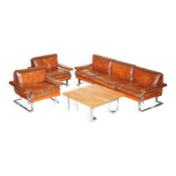 Restored suite Tim Bates for Pieff Mandarin leather chrome hardwood.