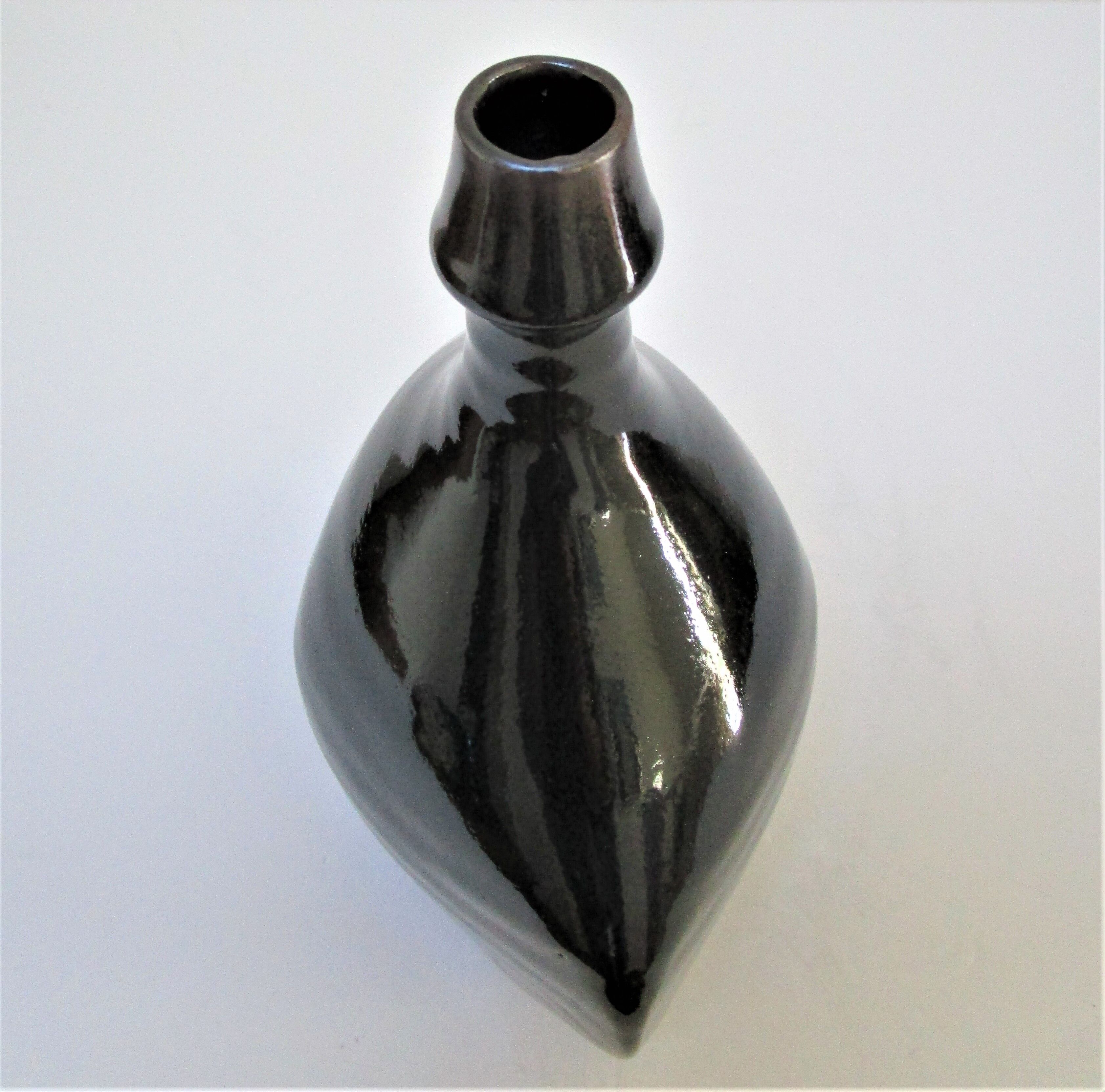 Vase bottle black enamelled stoneware by Roland Zobel