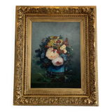 Tableau Ancien Fleur Cadre Doré XIX Huile Toile