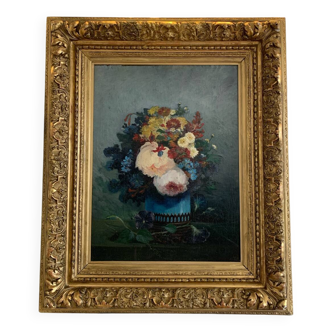 Tableau Ancien Fleur Cadre Doré XIX Huile Toile
