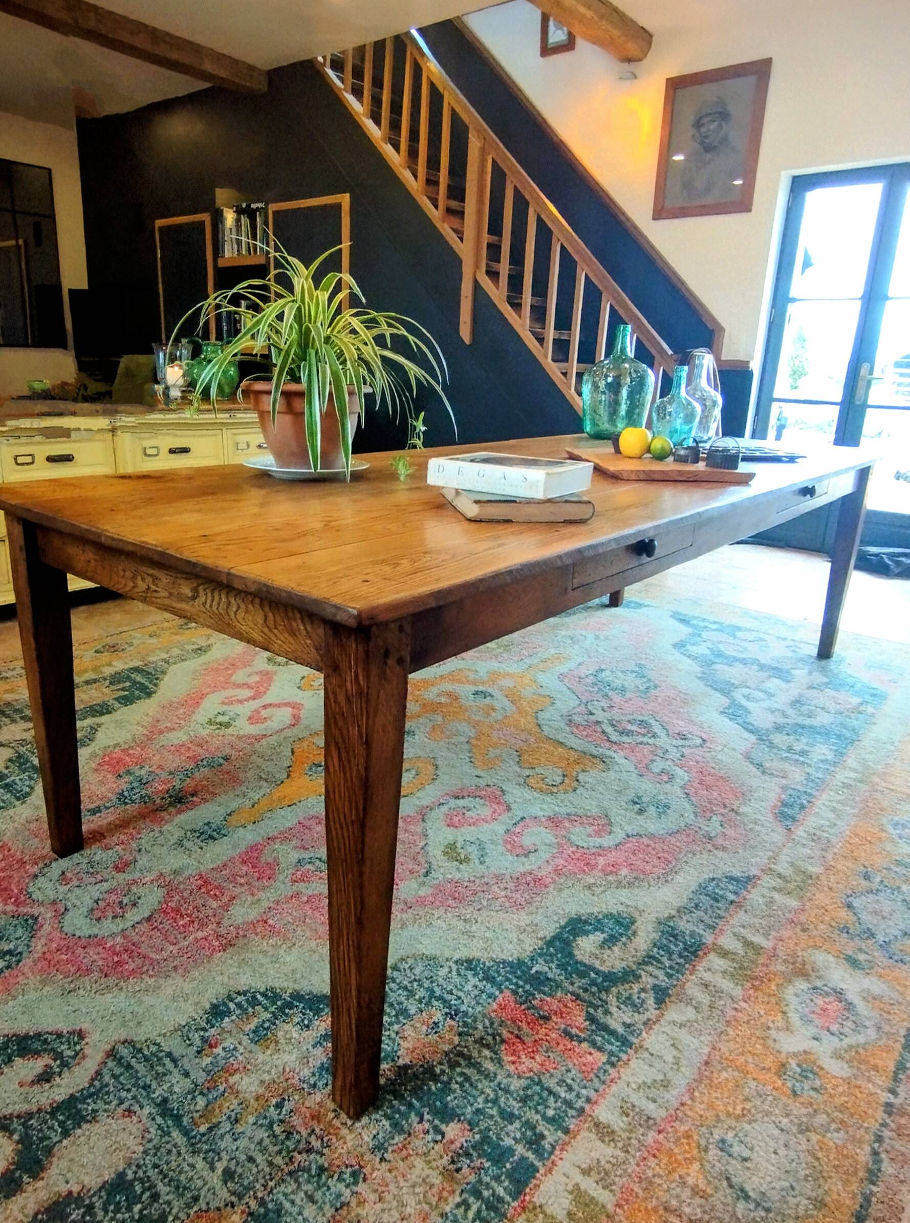 XXL solid oak farmhouse table 260x100 patinated two drawers