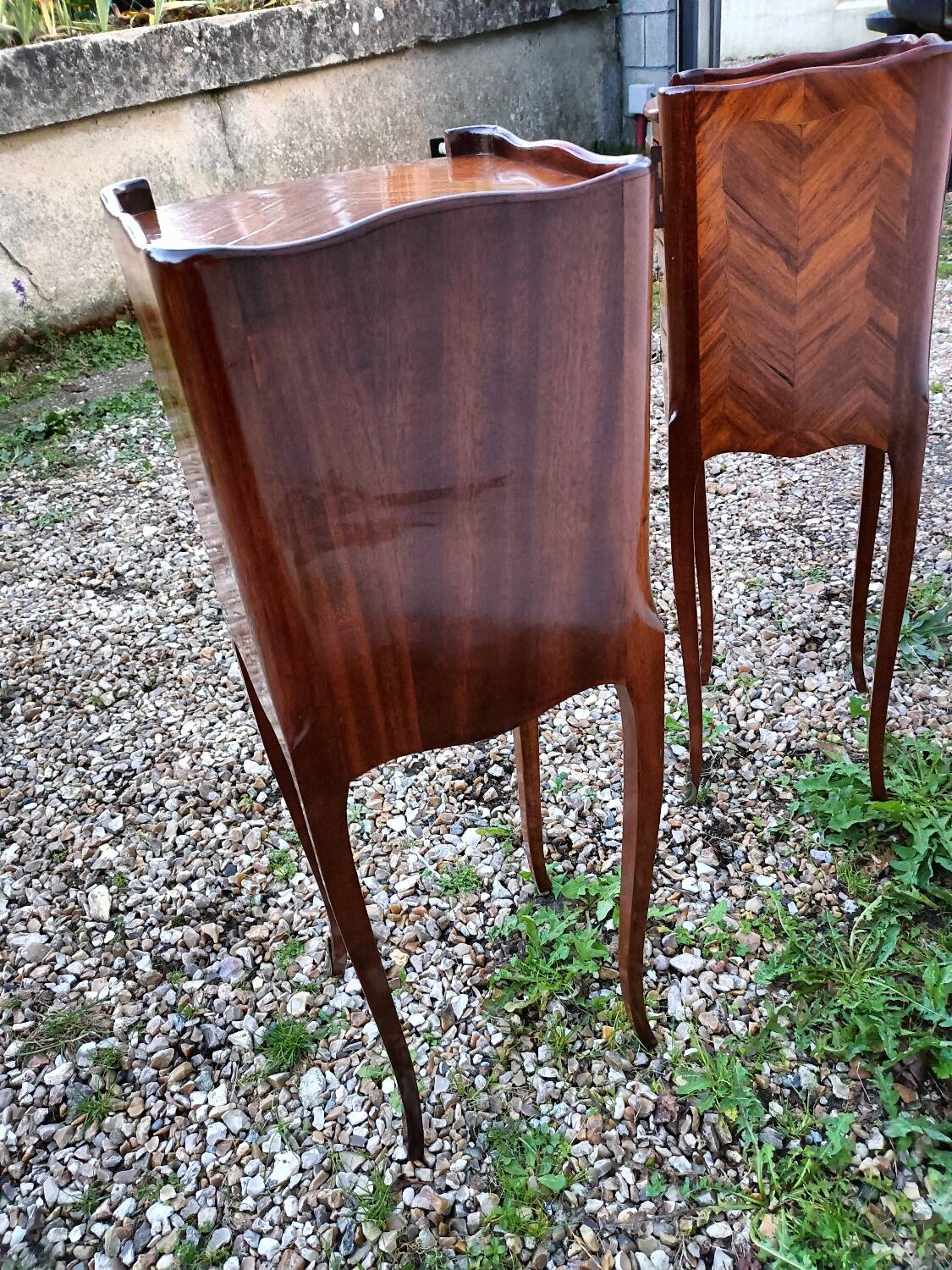 Pair of bedside tables in old Louis XV style marquetry