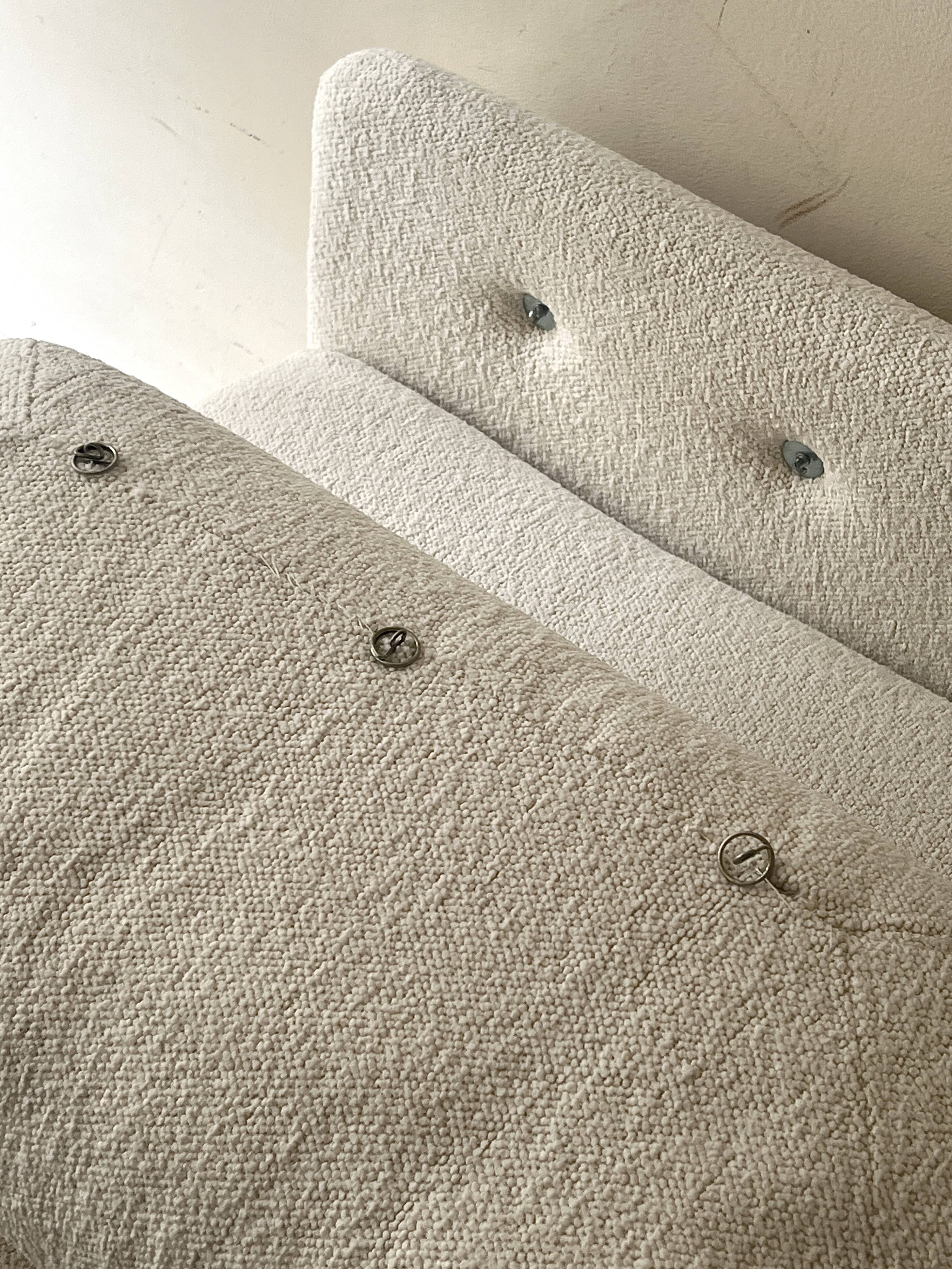 Italian off-white chenille armchair with a wooden base, 1970s design.
