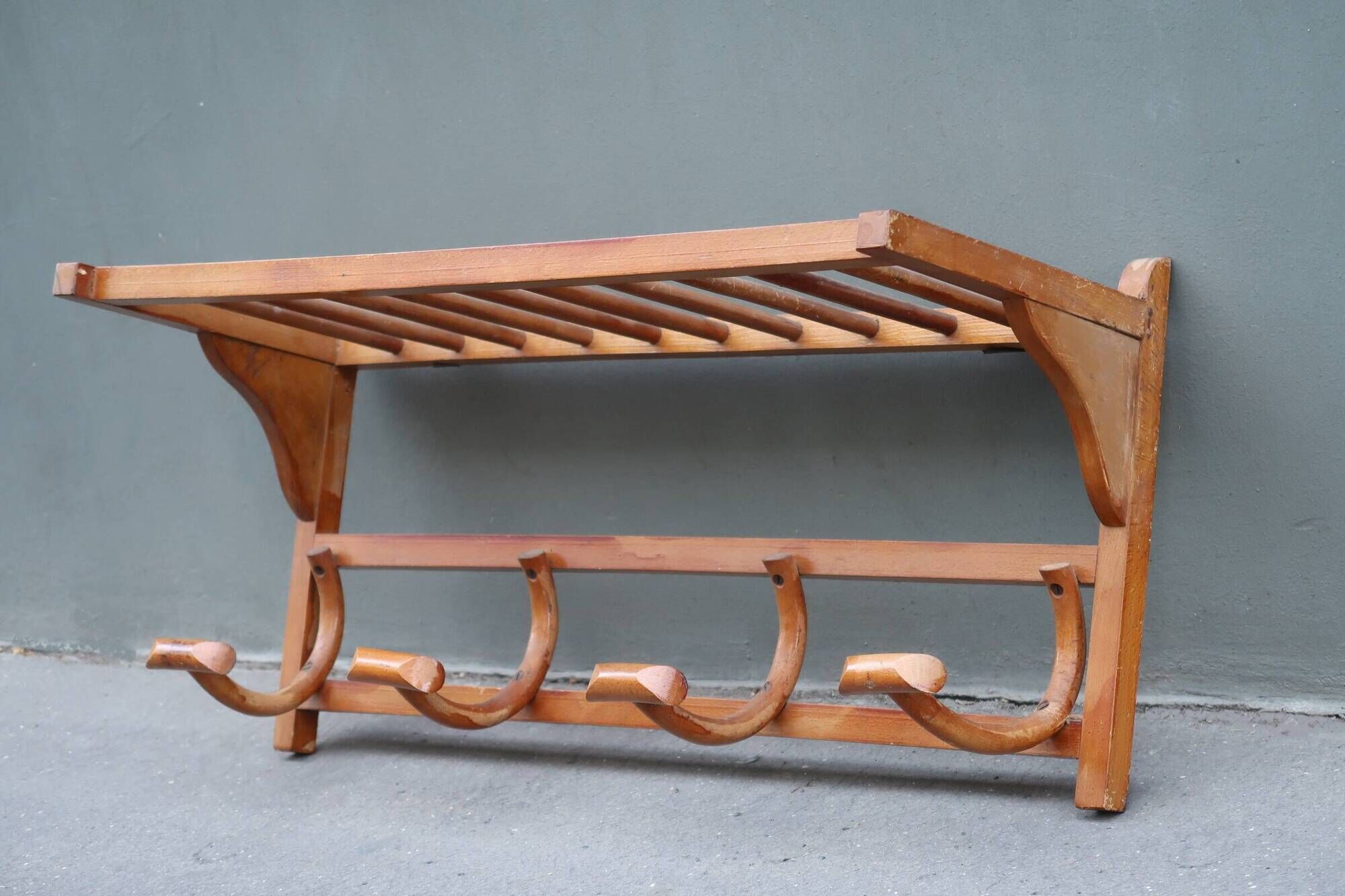 1950s wooden wall coat rack