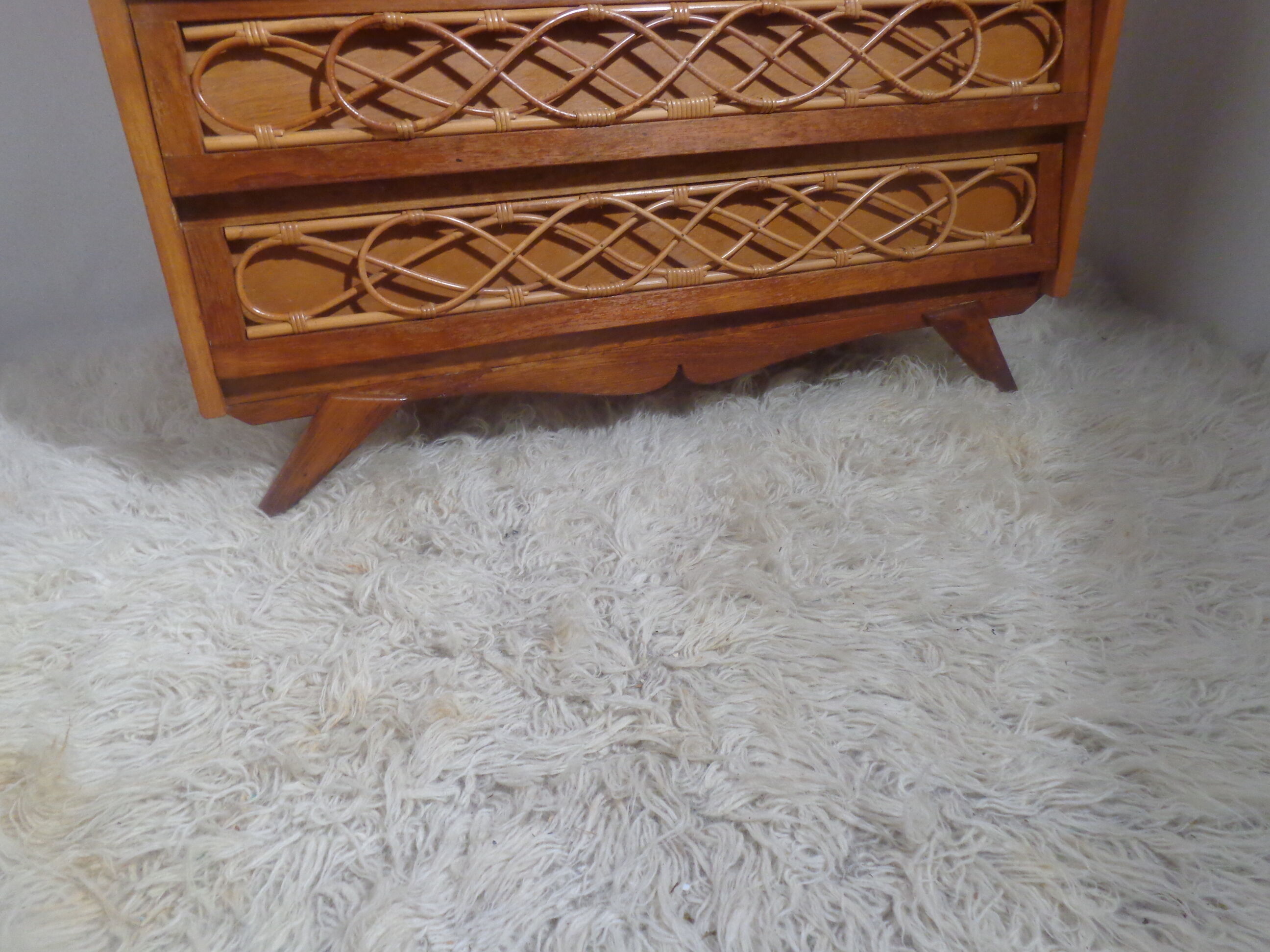 Chest of drawers wood and rattan Louis Sognot 1950 foot compass