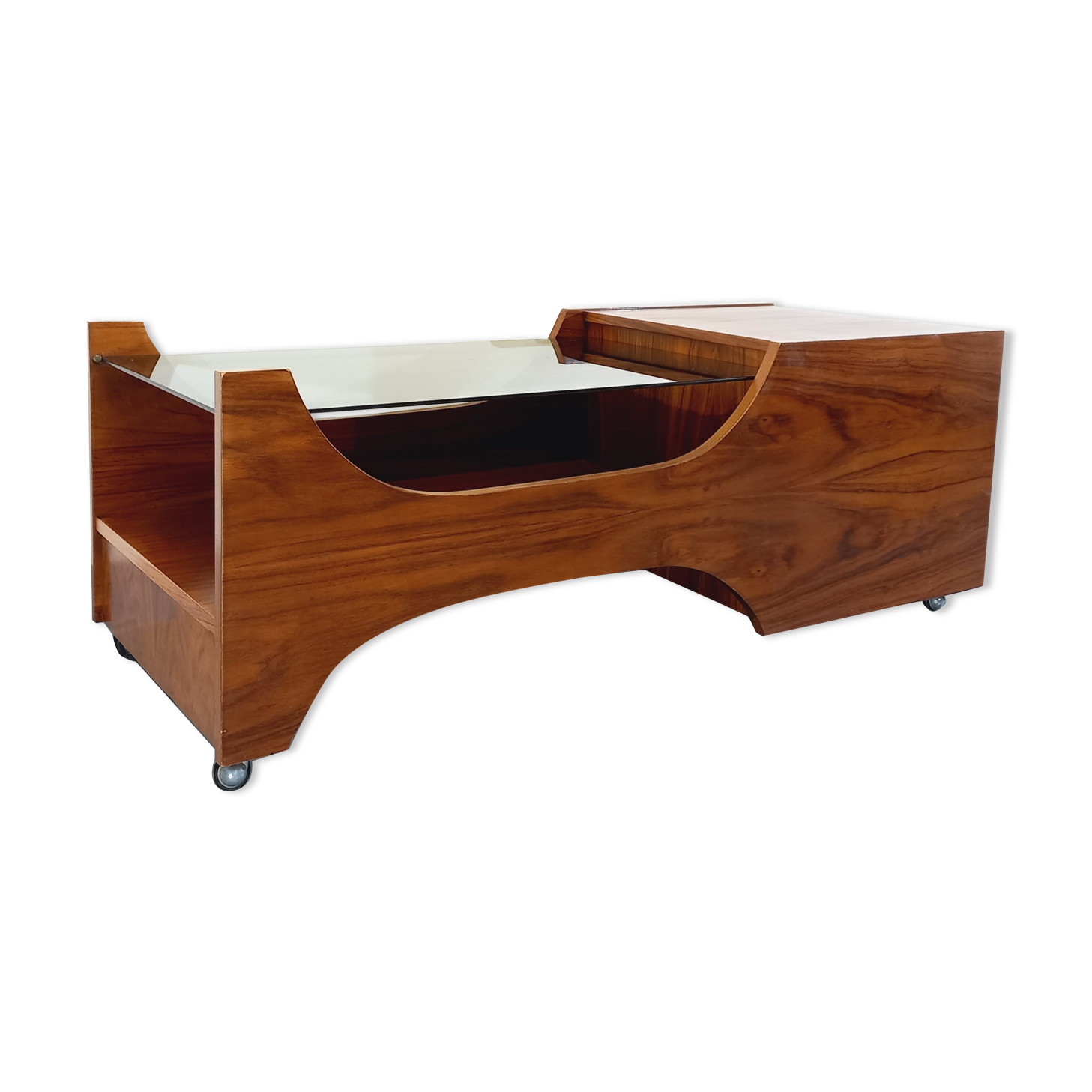 Vintage bar coffee table on rosewood wheels and smoked glass from the 60s