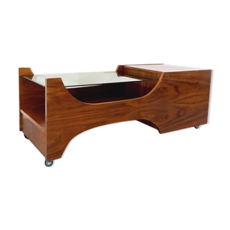 Vintage bar coffee table on rosewood wheels and smoked glass from the 60s