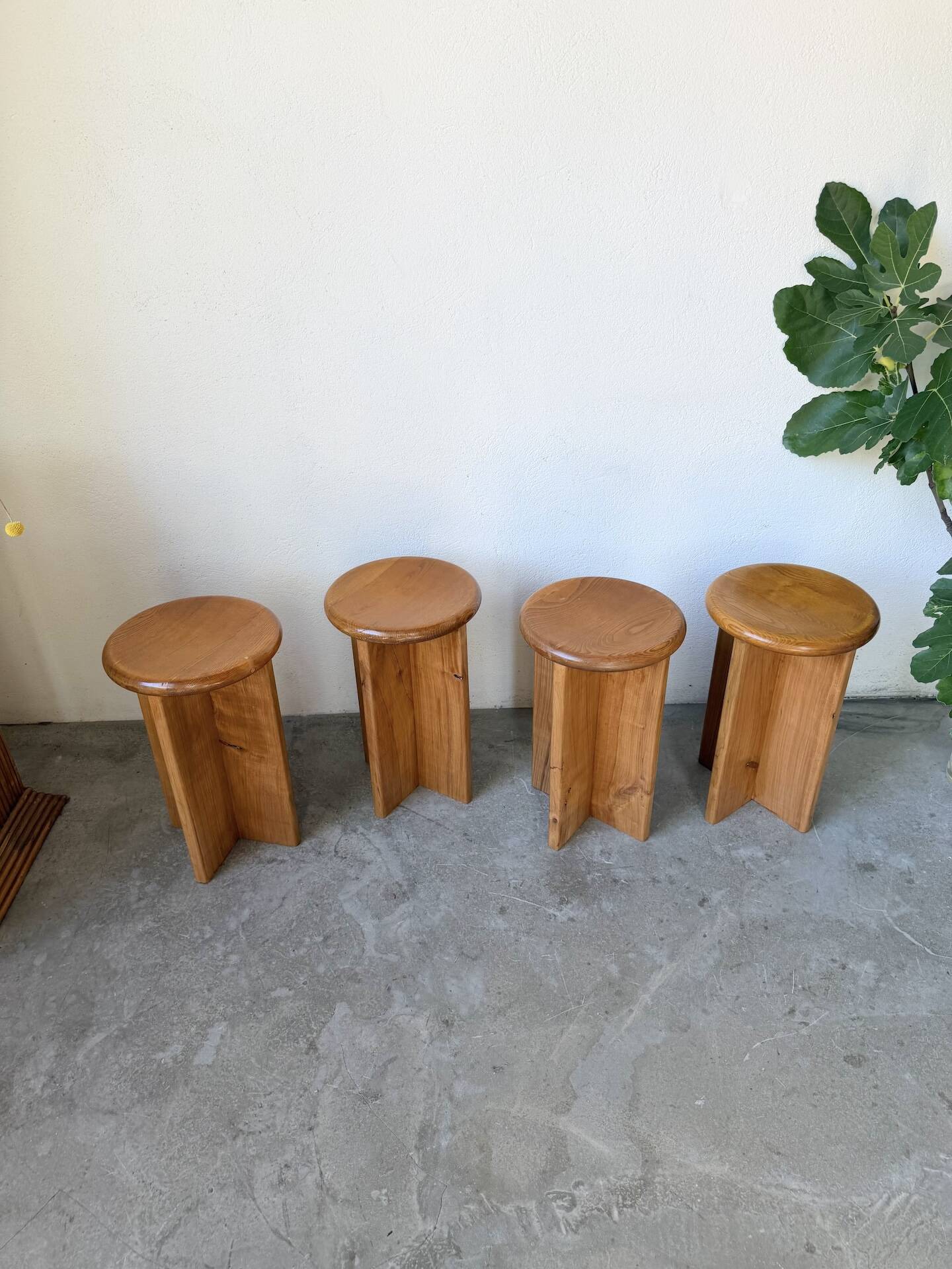 Set of 4 oak stools from the 1950s, constructivist style.