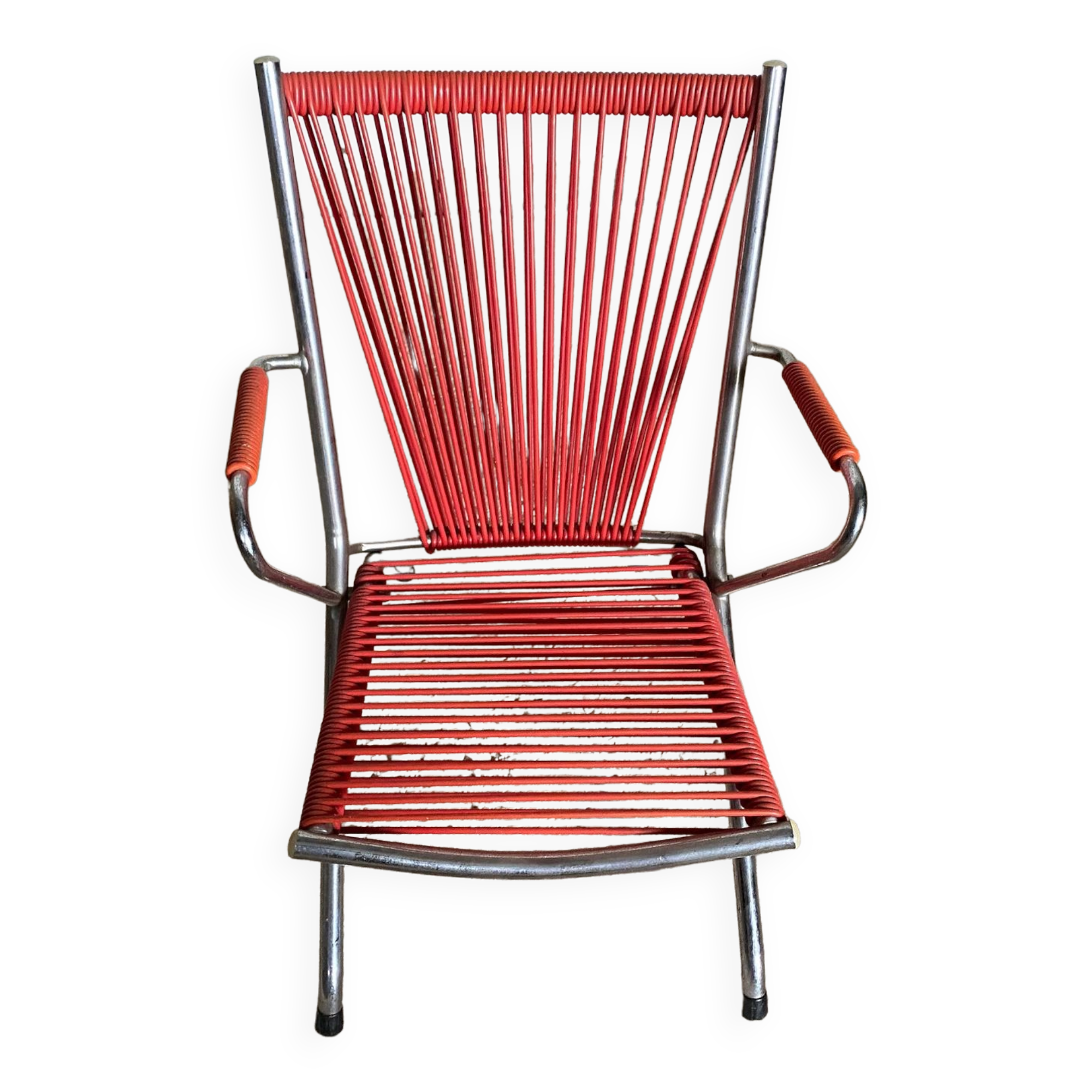 Folding scoubidou children's armchair red and vintage chrome 1950