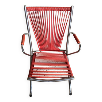 Fauteuil enfant scoubidou pliant rouge et chrome vintage 1950