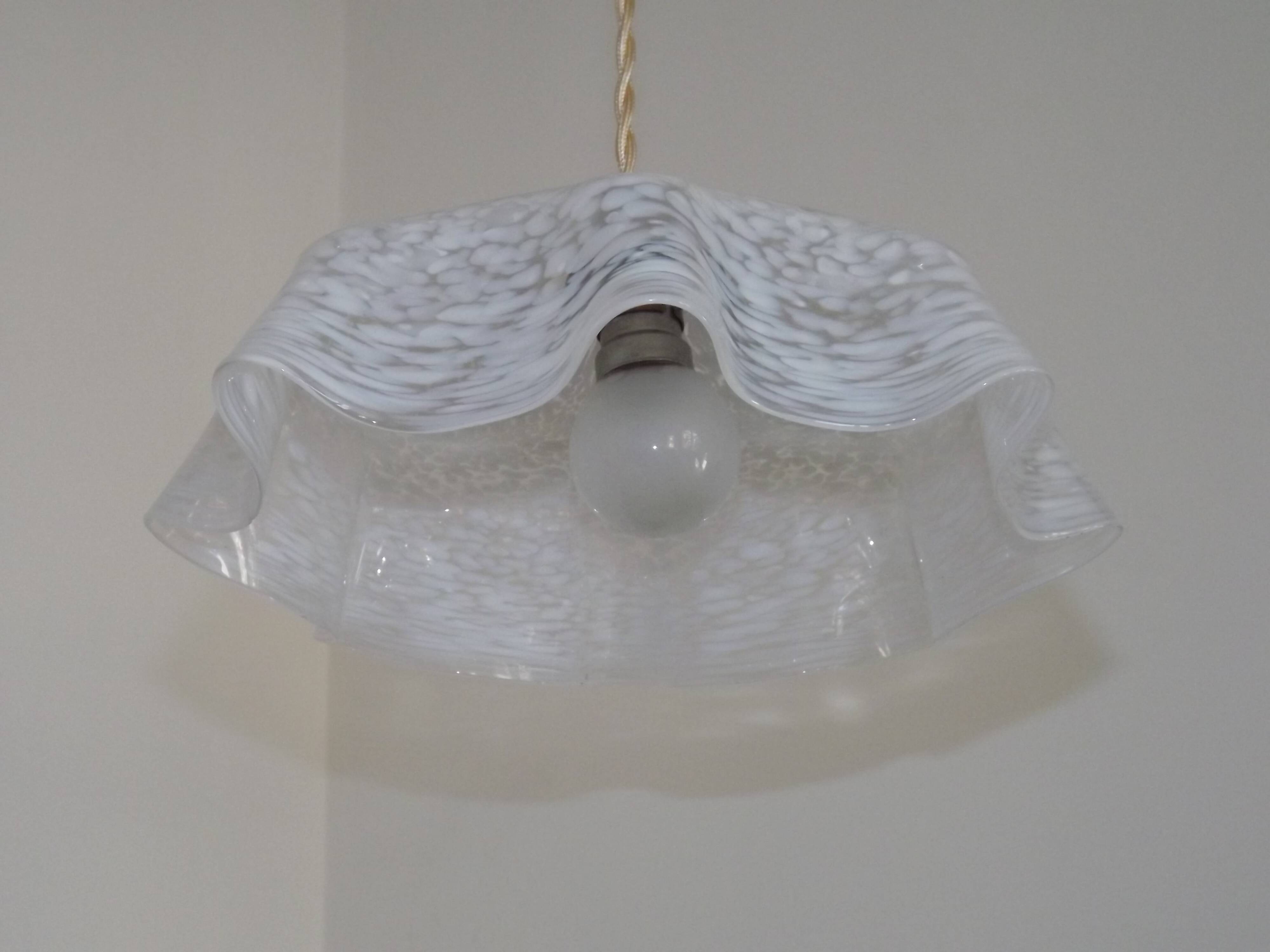 French Vintage 1930s White Frilled Clichy Glass Lampshade Ceiling Light