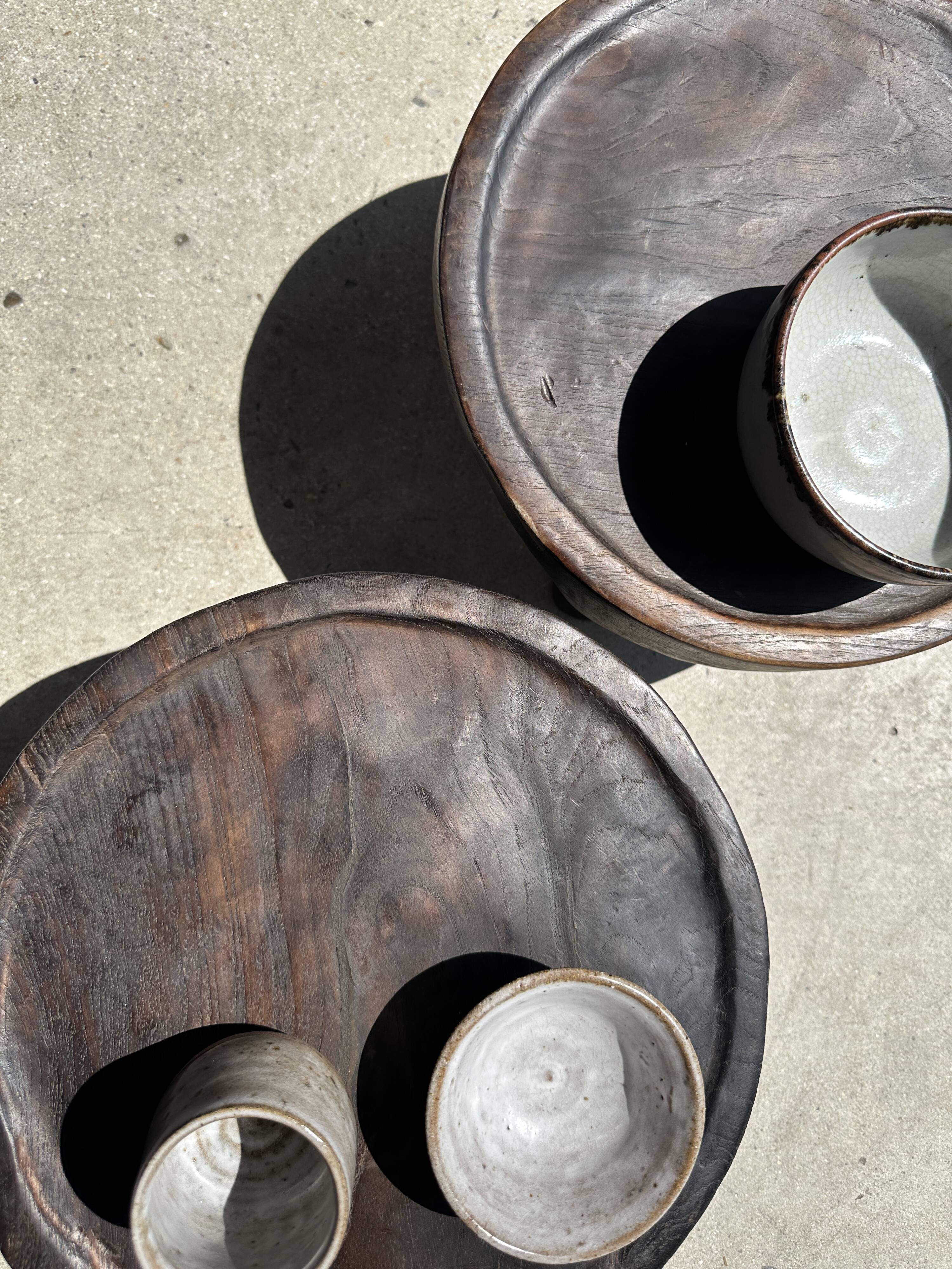 Small tripod stool low in dark brown upcycled teak