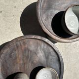 Small tripod stool low in dark brown upcycled teak