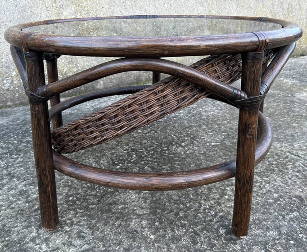 Round rattan and bamboo coffee table, vintage 1960