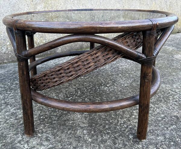Table basse ronde en rotin et bambou, vintage 1960