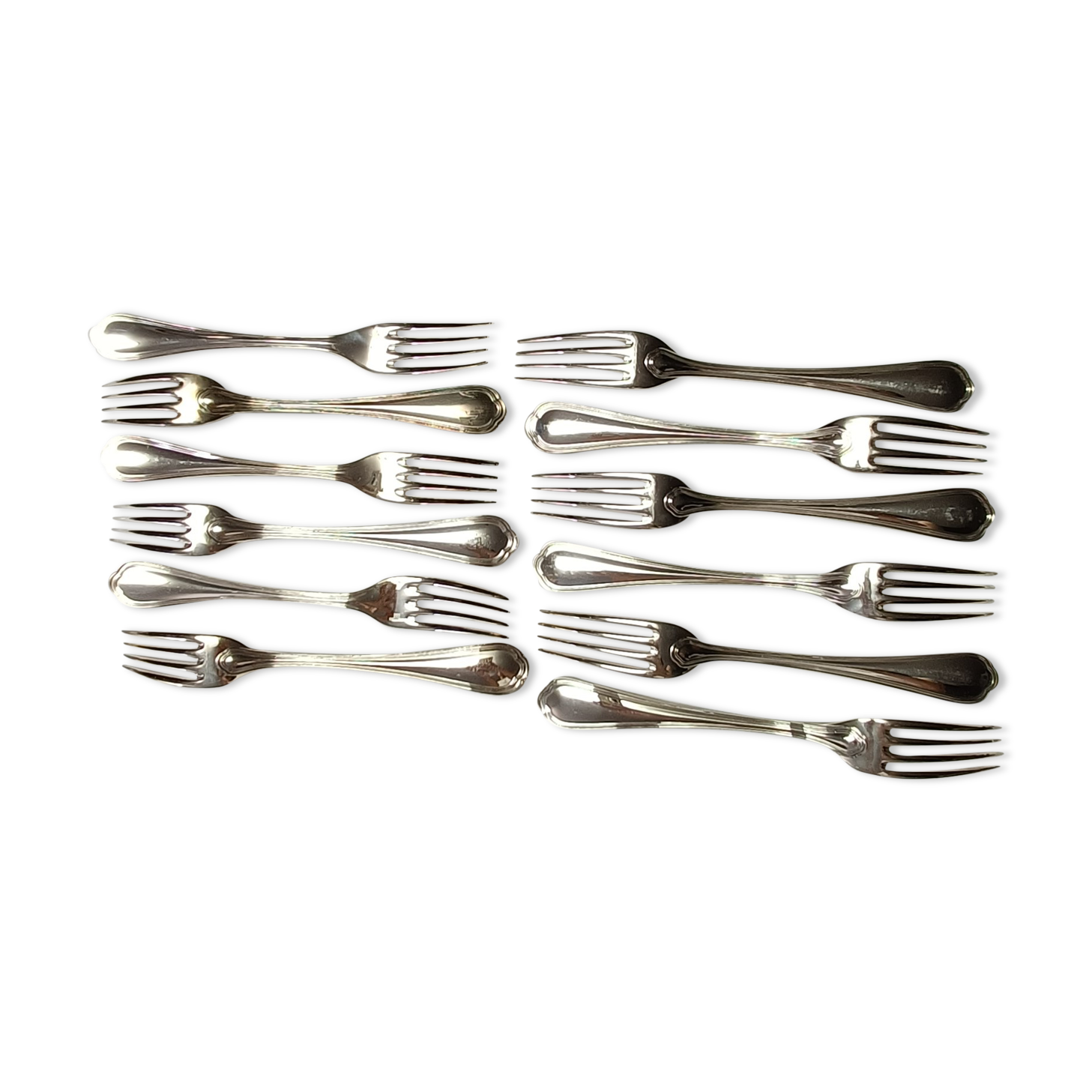 12 silver metal table forks from Christofle model "Spatours"