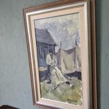 Mid-Century Modern "The Fisherman" Vintage Swedish Figurative Oil Painting, Framed