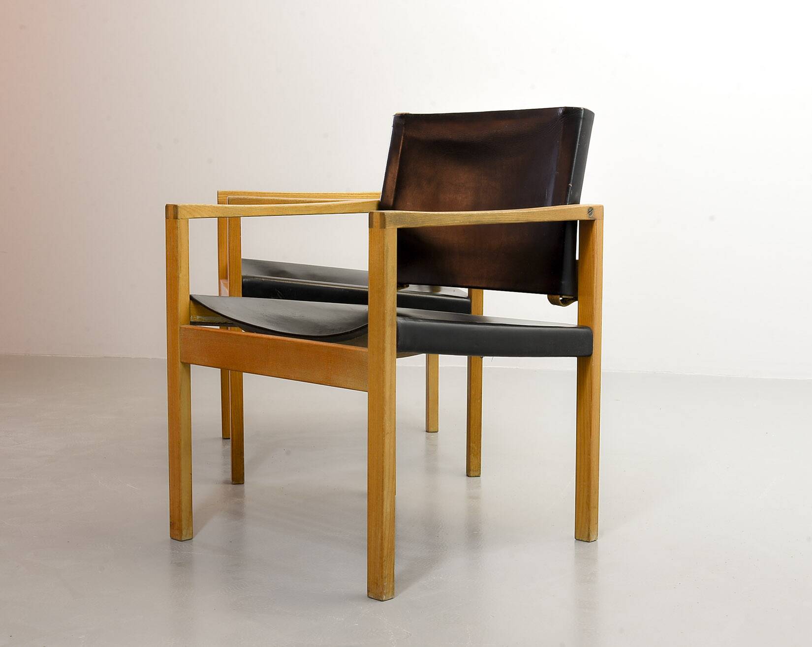 Brutalist Nordic Scandinavian Solid Oakwood and Black Leather Armchairs 60s