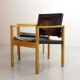 Brutalist Nordic Scandinavian Solid Oakwood and Black Leather Armchairs 60s