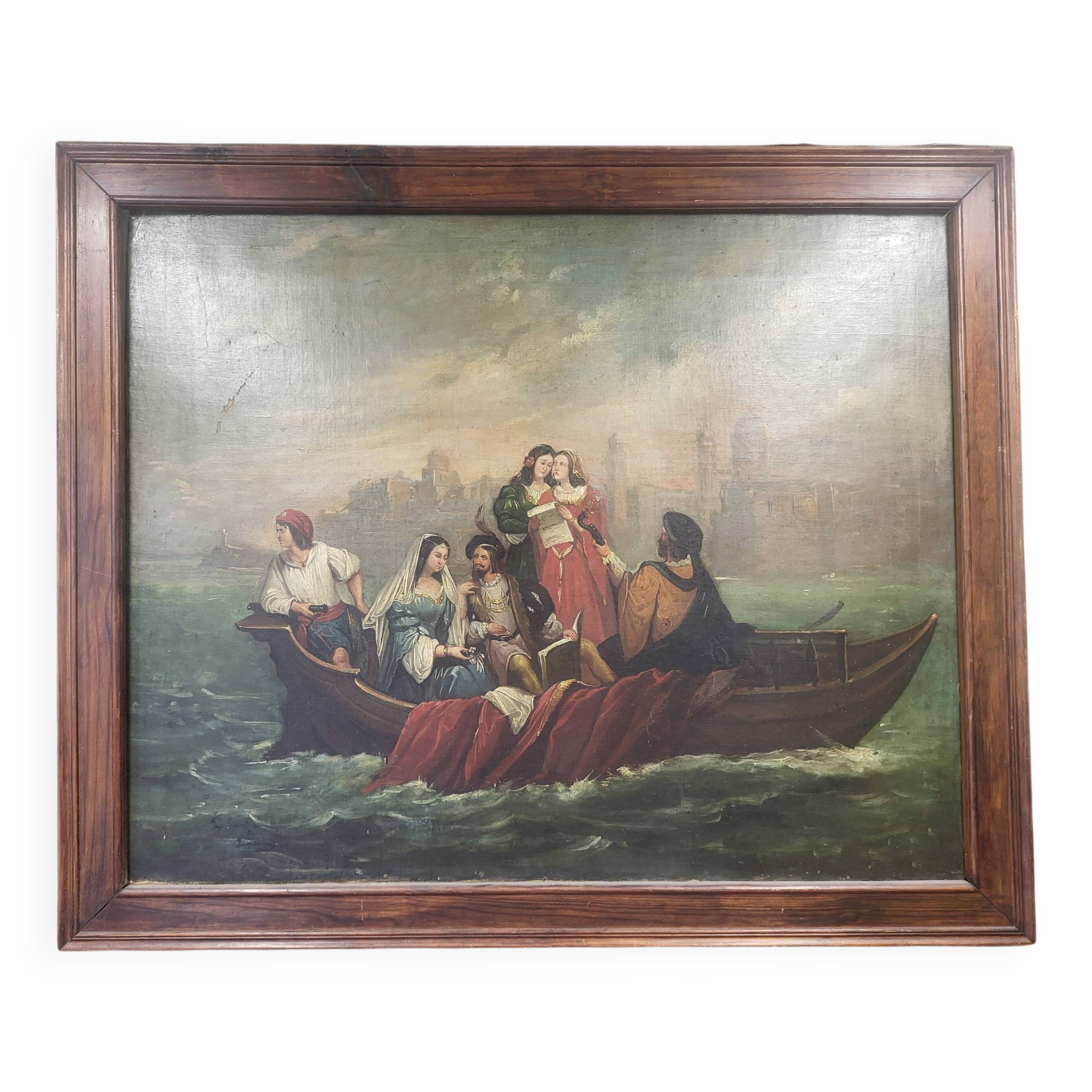 Large old romantic painting – Venetian scene in a gondola – Oil on canvas