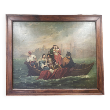 Large old romantic painting – Venetian scene in a gondola – Oil on canvas