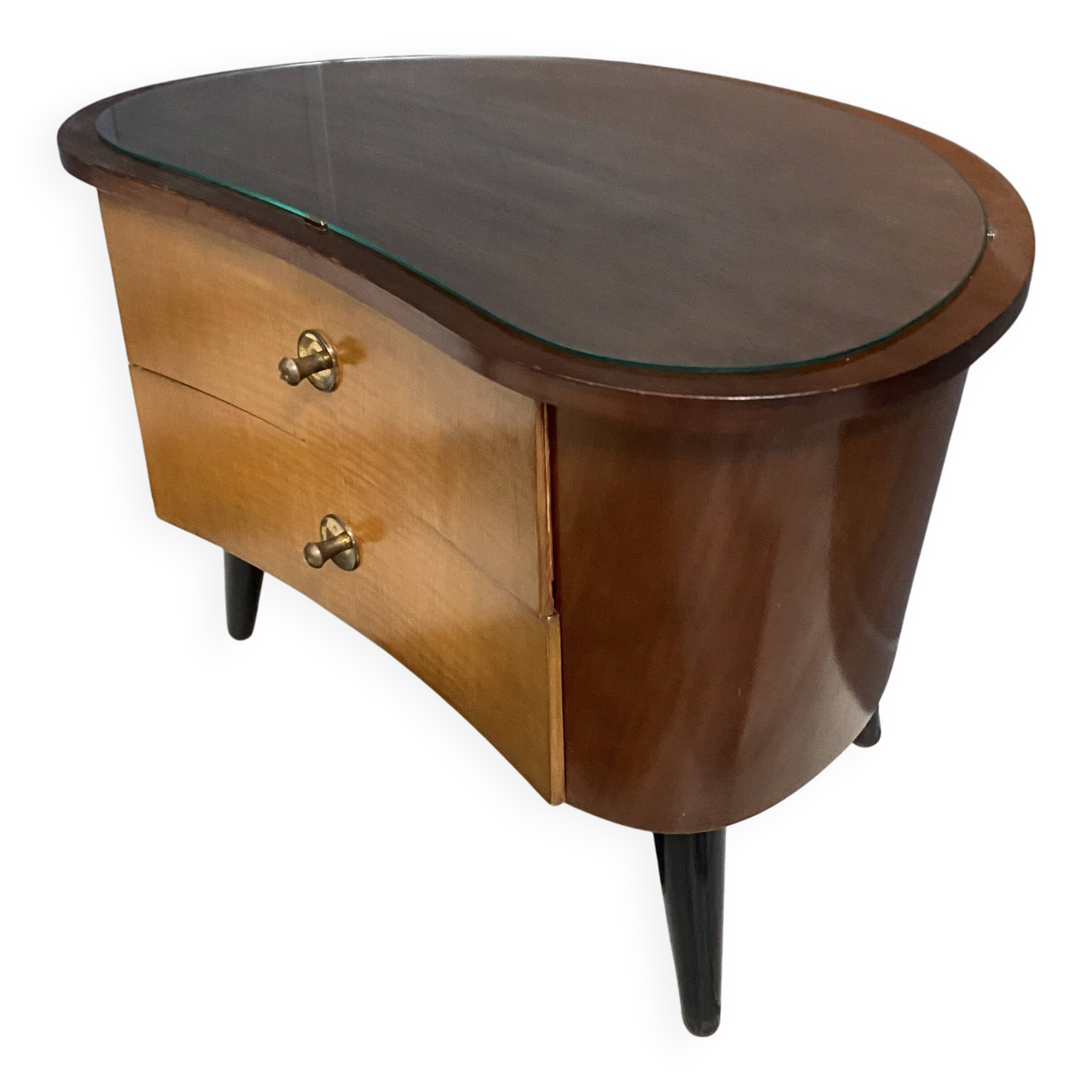 small kidney shaped cabinet with glass on top 1960s