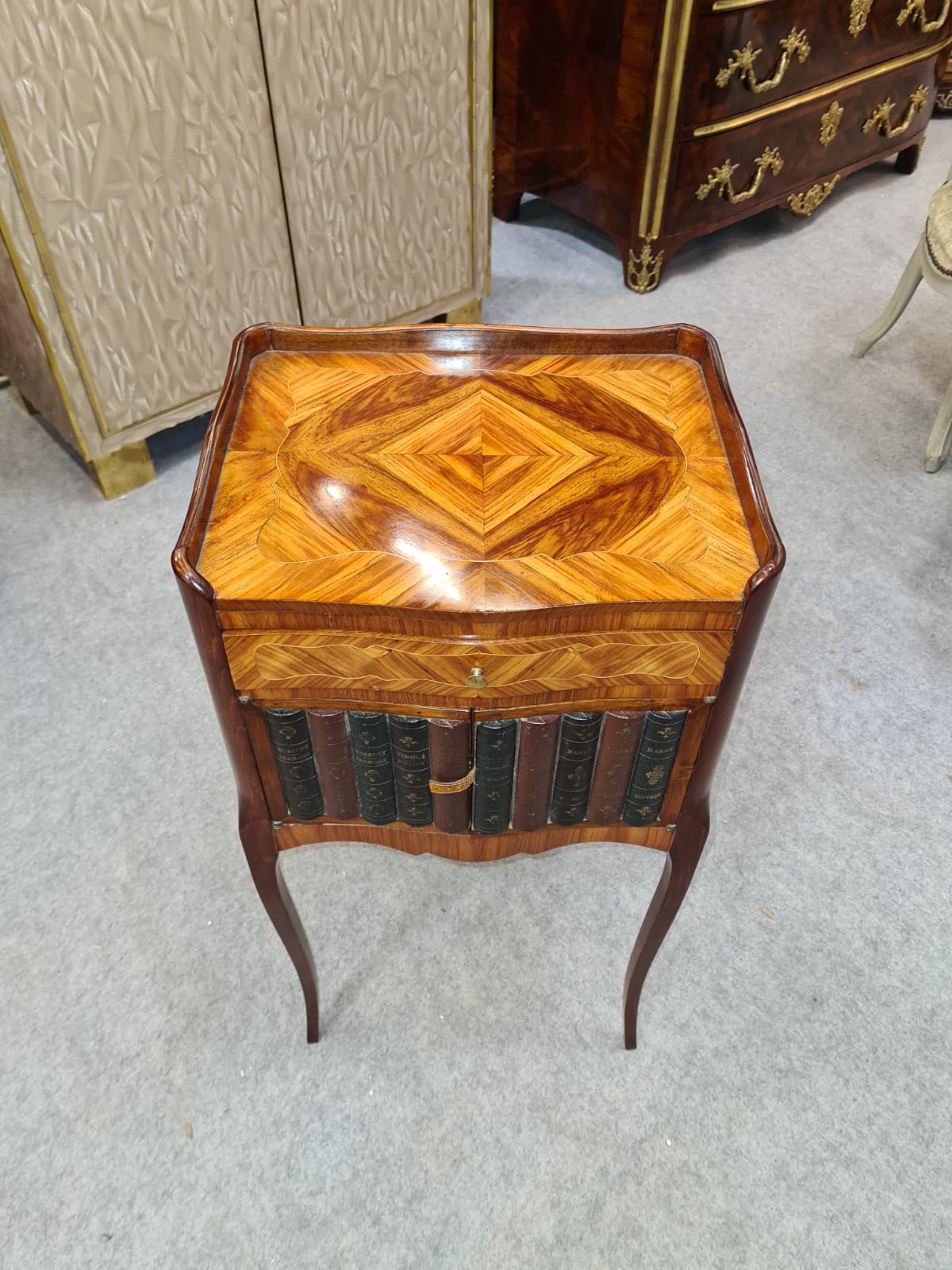 19th century marquetry and leather bedside, 19th century