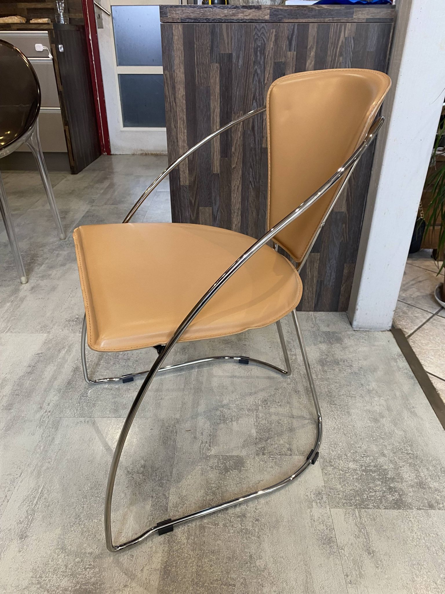 1 Linda armchair chair by Arrben in camel brown leather with a chrome steel frame.
