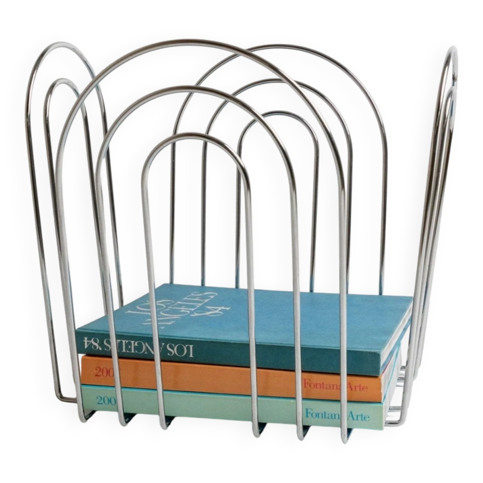 Vintage chrome-plated metal basket in Space Age 1980s design – silver storage for magazines, throws, 37x42x34 cm