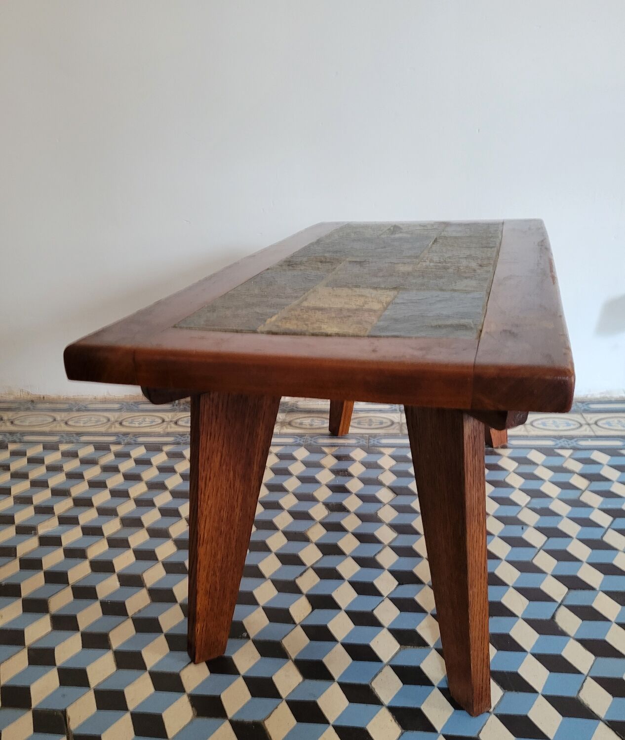 Brutalist coffee table wood and slate