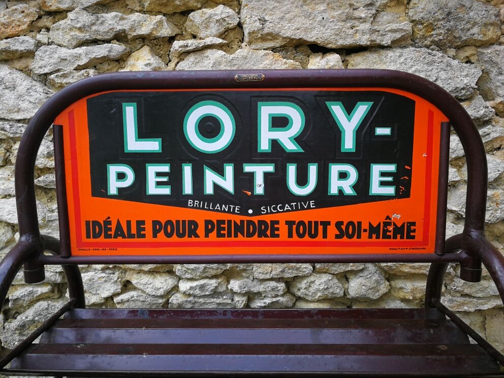 Ancien présentoir de peintures Lory avec plaque émaillée double face