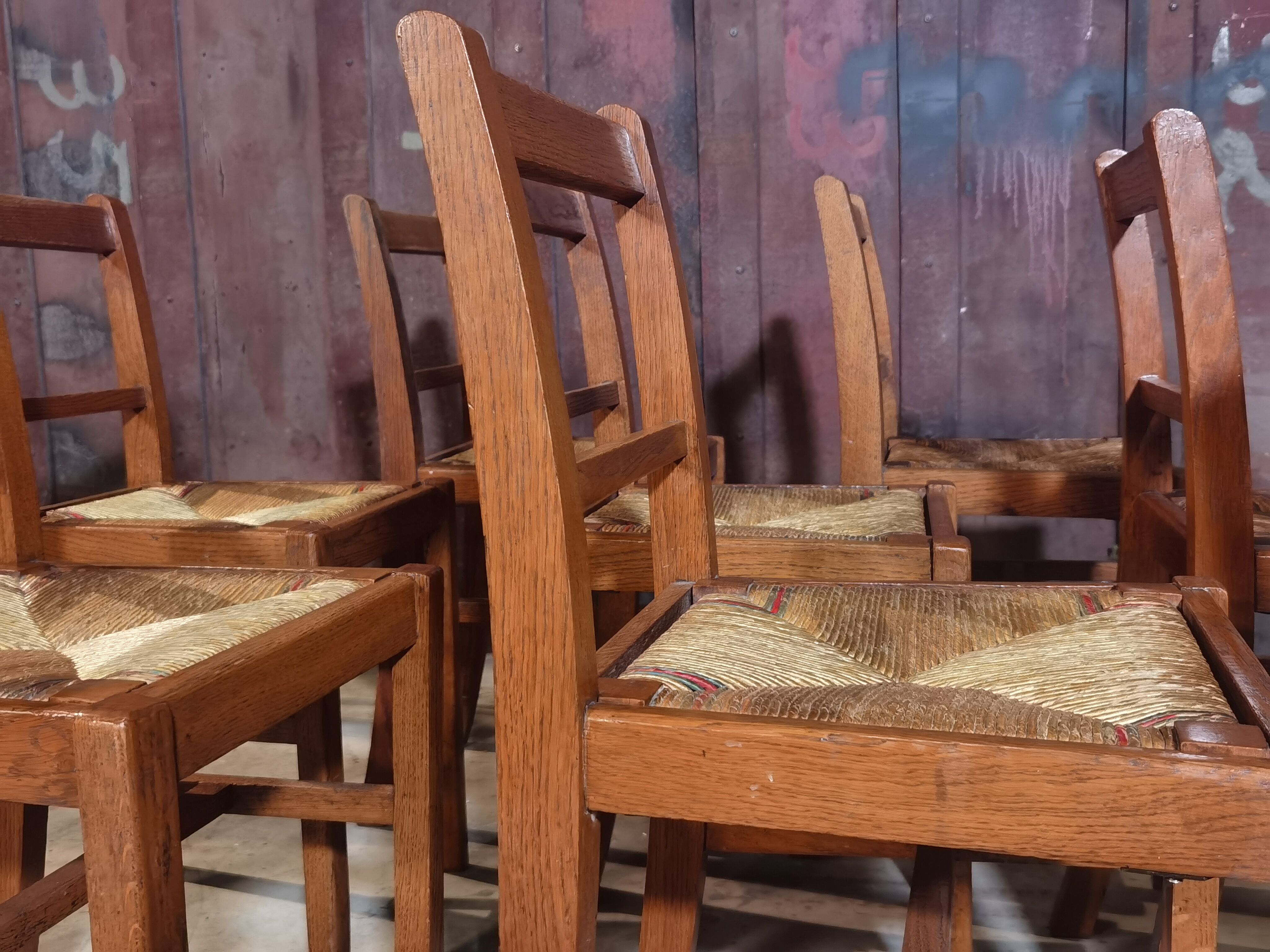 Lot de 8 chaises Reconstruction 1950 Chêne et paille
