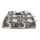 Set of 6 vintage stainless steel ice cream bowls + tray + spoons in inox.